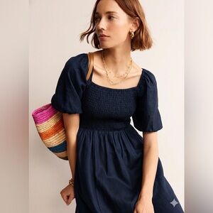 Boden Navy Blue Smocked 100% Linen Midi Dress